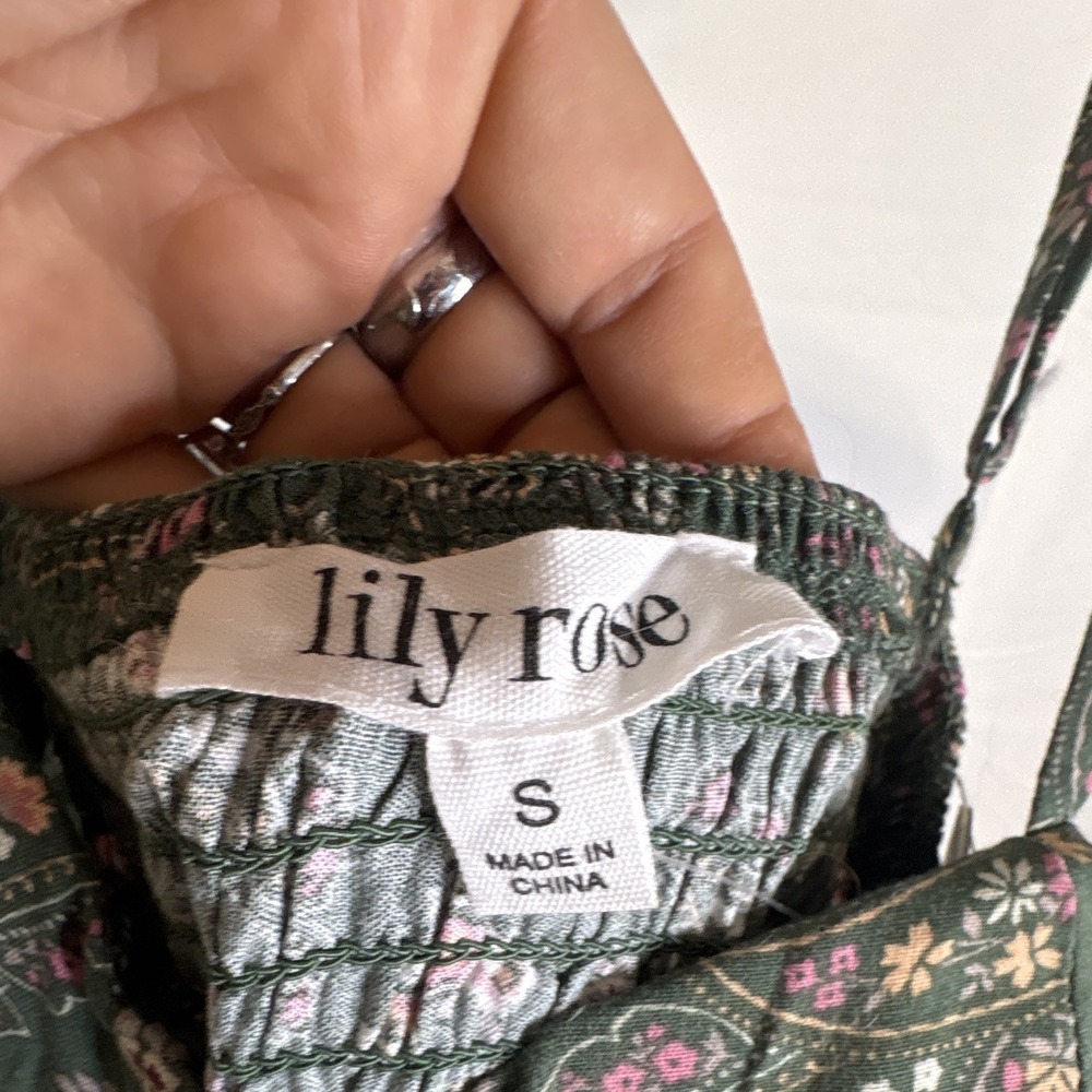 Lily Rose Green Floral Wide-Leg dress Adjustable Straps Elastic Waist S - Picture 6 of 6